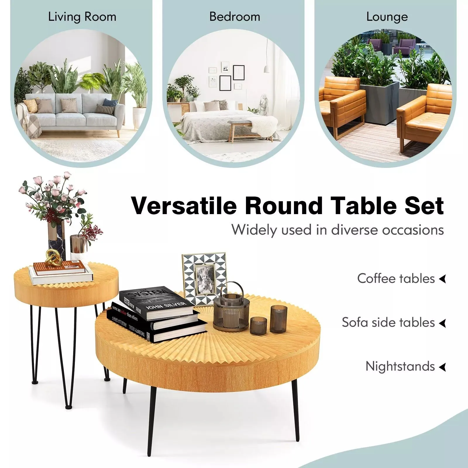 Costway 2PCS Round Nesting Tables Boho Farmhouse Accent Coffee Tables w/Adjustable Foot in Natural 4