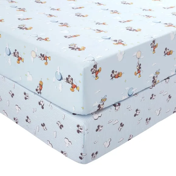 Set of 2 Disney Soft Skies Mickey Mouse 100% Cotton Fitted Sheets 3