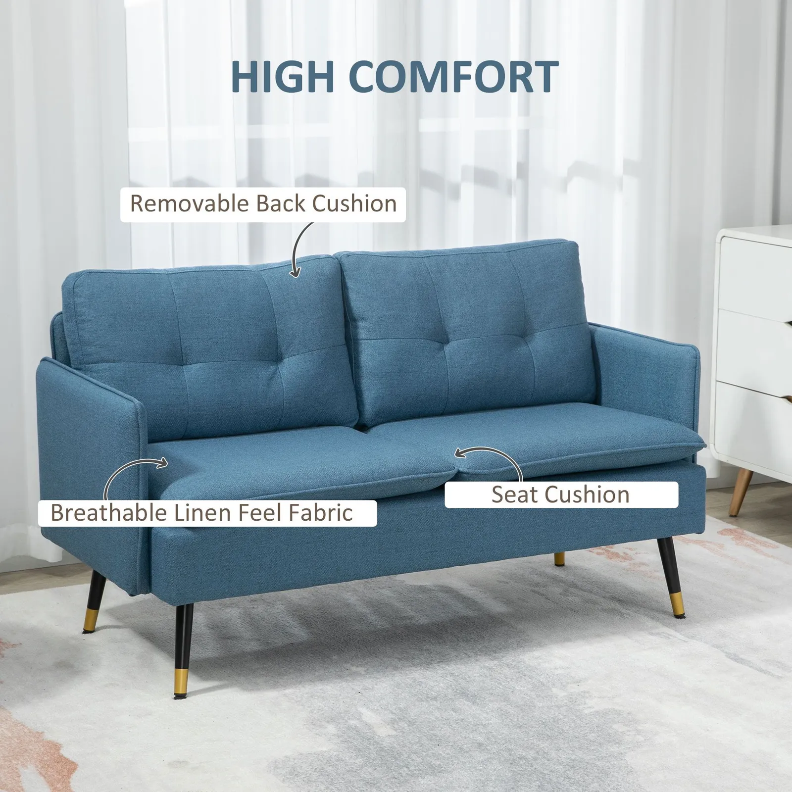 HOMCOM Two Seater Sofa with Steel Legs Button Tufted Backrest for Living Room in Blue 4