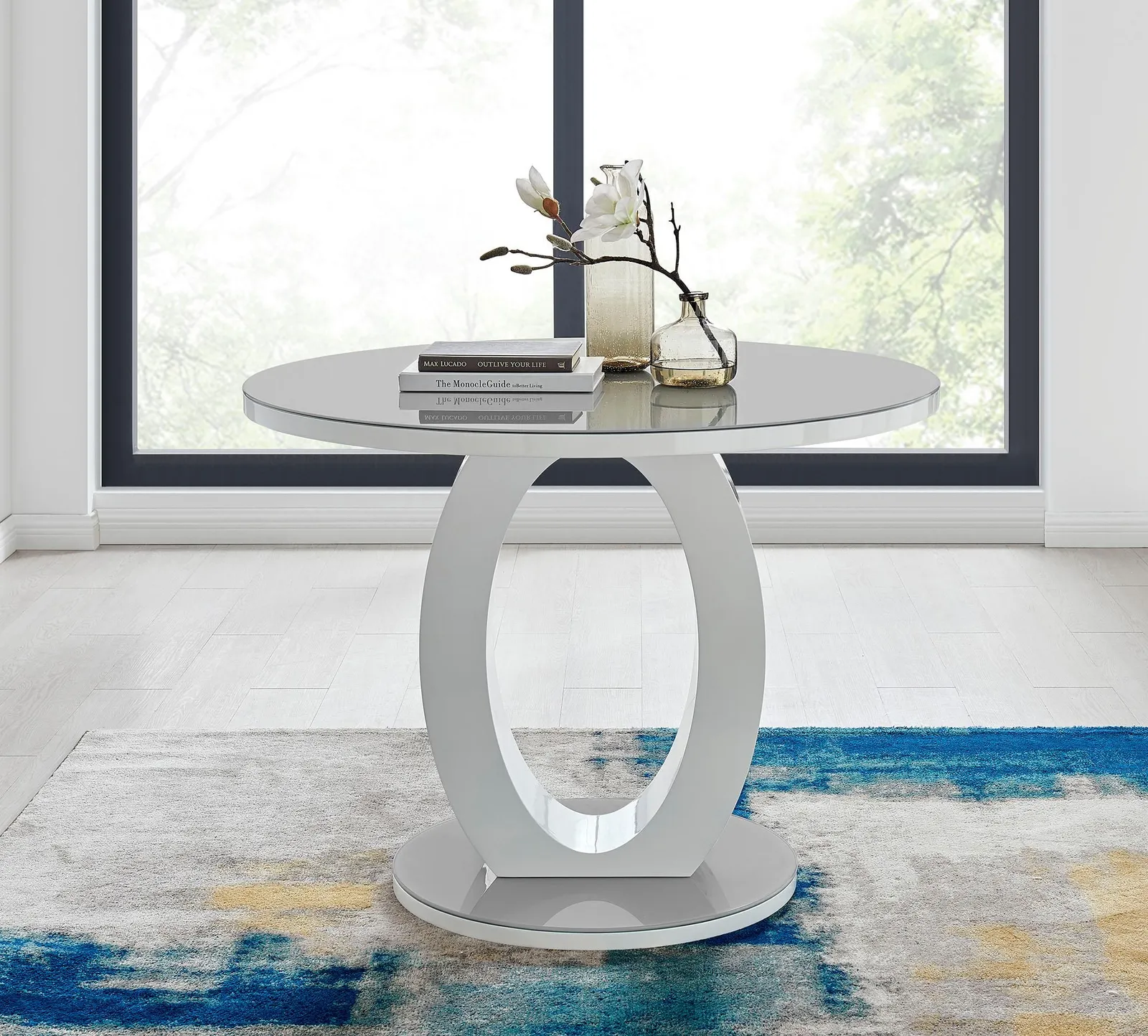 FurnitureboxUK Giovani Round 4 Seat 100cm White High Gloss Halo Base Grey Glass Top Dining Table 4 Soft Velvet Silver Leg Pesaro Chairs 2