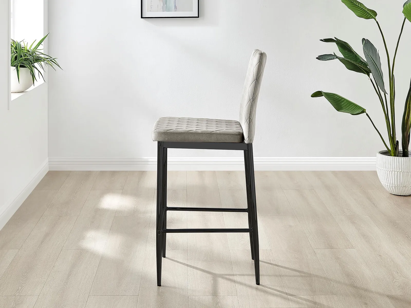 FurnitureboxUK Set of 2 Milan Soft Touch Hatched Velvet Padded Counter Stools With Black Metal Legs in Beige 4