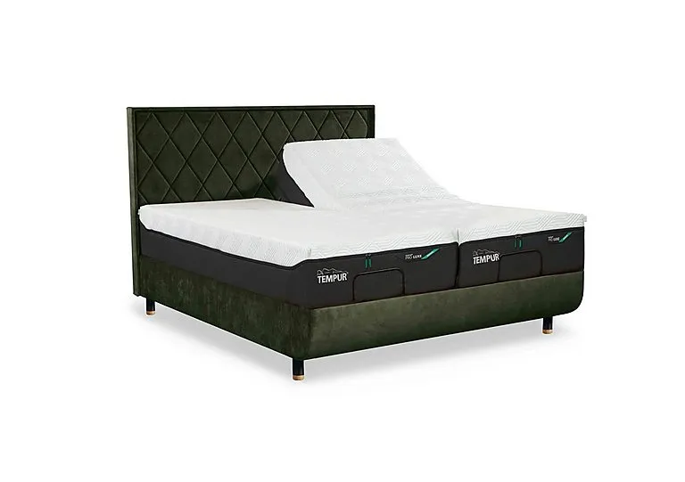 Arc Ergo Smart Base Bed Frame with Quilted Headboard - King Size - Dark Green with Oak Feet