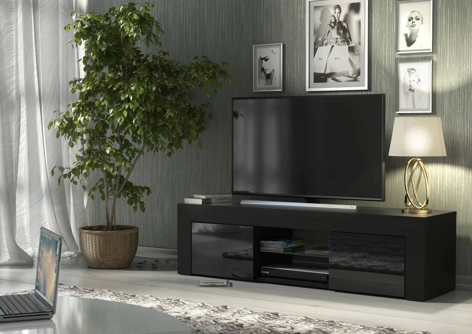 Creative Furniture TV Unit 130cm Modern - Black with High Gloss Doors 2