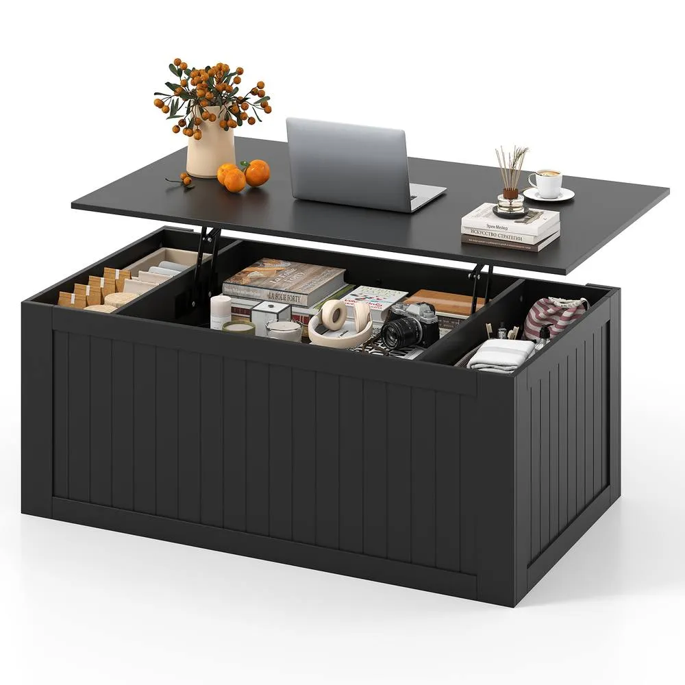 Costway 120 cm Farmhouse Center Table Lift Top Coffee Table with Doors Black 6