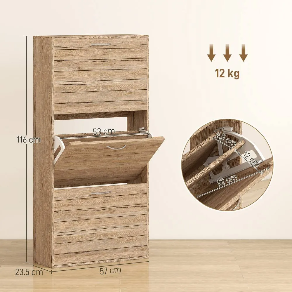 HOMCOM Slim Shoe Storage Cabinet with 3 Flip Drawers, Oak Wood Grain in Light Oak 3