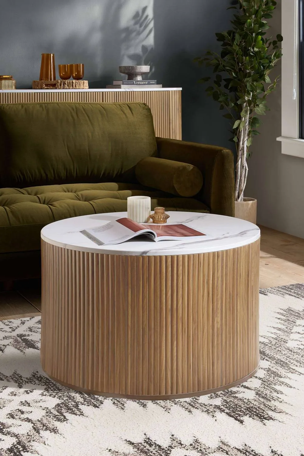 Birlea Kagu Coffee Table Fluted Ribbed Oak & Marble effect in Light Oak