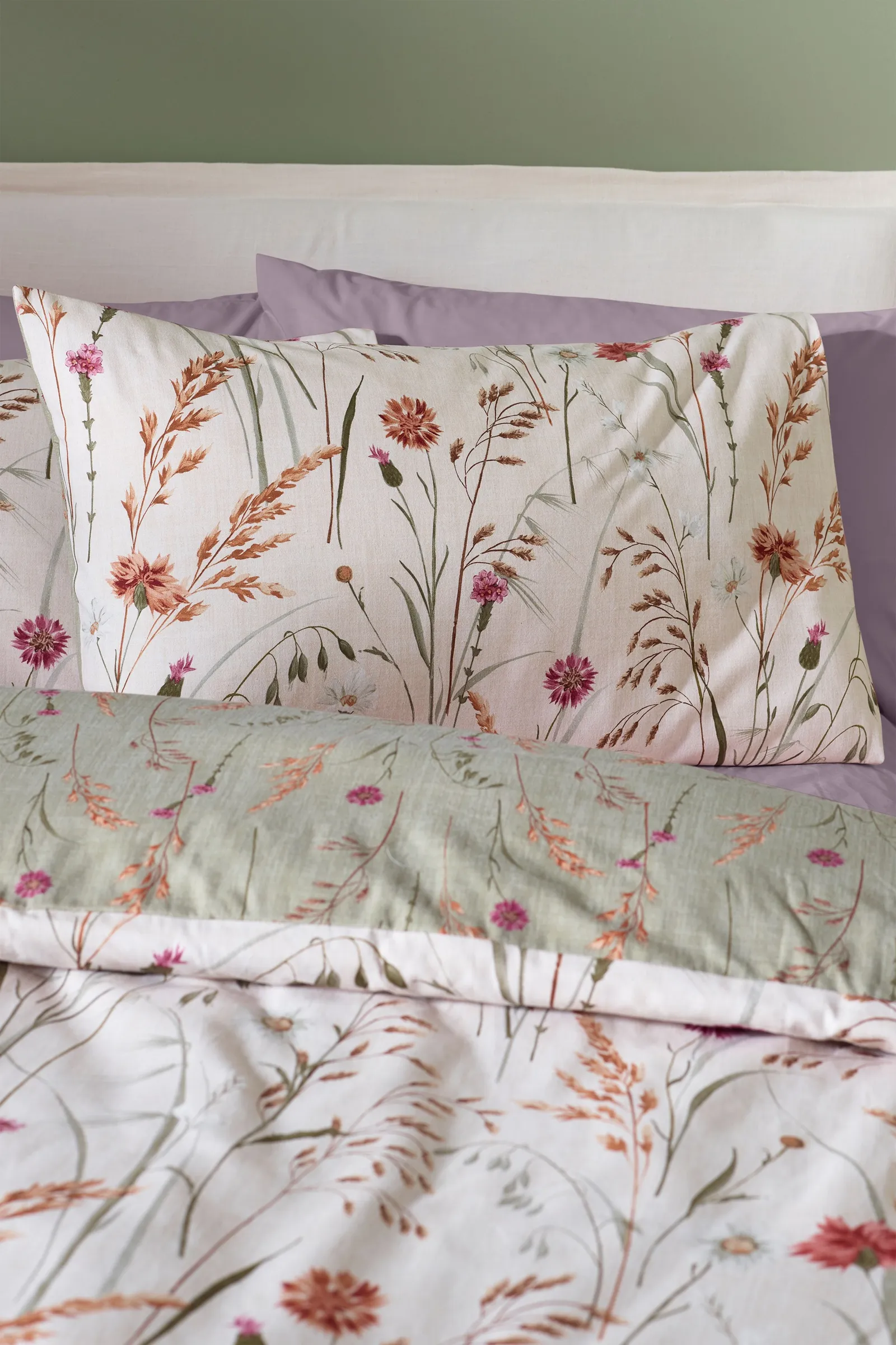 Catherine Lansfield 'Brushed Grasmere Floral' Cotton Reversible Duvet Cover Set in Green 3