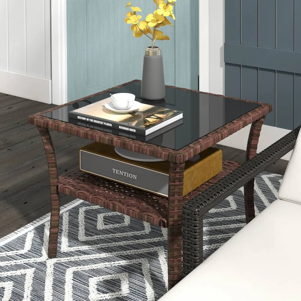 OUTSUNNY PE Rattan Coffee Table, Two-tier Side Table with Glass Top in Brown