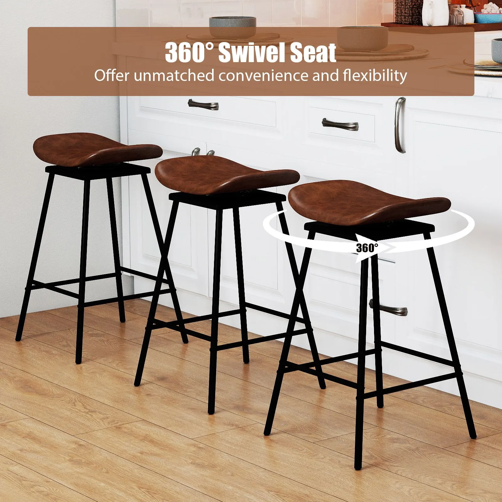 Costway Swivel Barstools Set of 2 Faux Leather Upholstered Backless Bar in Brown 3