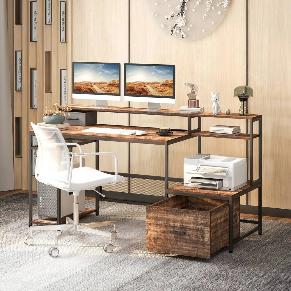 Costway 170CM Computer Desk Monitor Stand Writing Table W/ Power Outlets in Brown 2