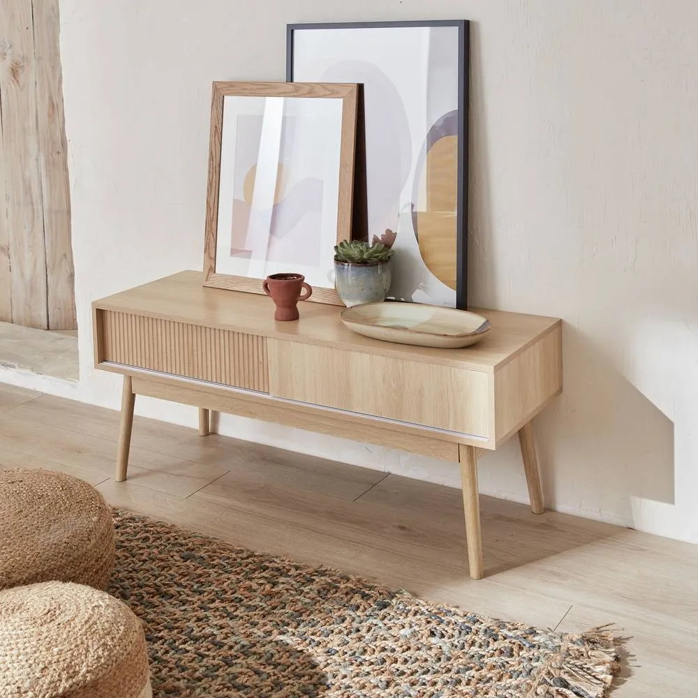 sweeek 115cm Tv Unit Grooved Wood Detail 2 Doors in Light Brown 6