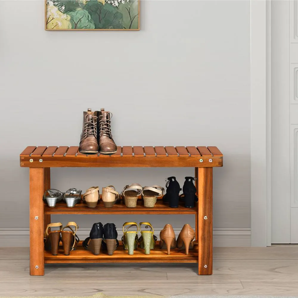 Costway Acacia Wood Shoe Rack Bench 3-Tier Shoe Organizer 70x28x45cm in Brown