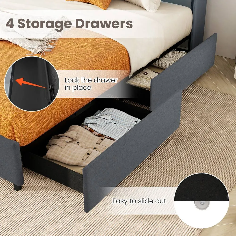 Costway King Size Bed Frame with RGB LED Lights Storage Headboard & 4 Drawers in Grey 4