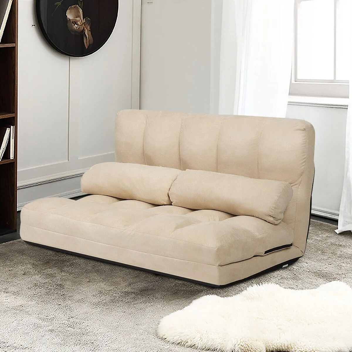 Costway 3 IN 1 Folding Lazy Sofa Bed Floor Sleeper Seat 6-Position Adjustable 2 Pillows in Beige 2