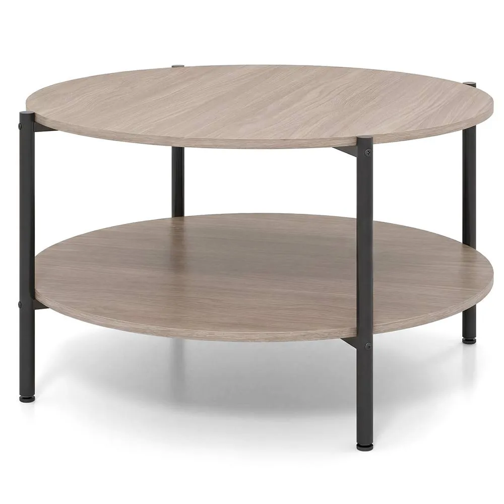 Costway 2-Tier Round Coffee Table Industrial Cocktail Table w/Storage Shelf in Grey
