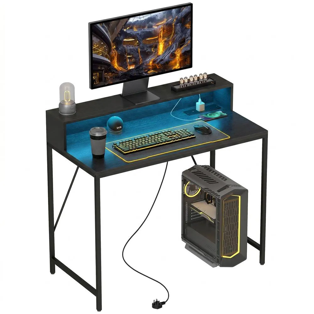 HOMCOM Gaming Desk with LED Lights & Power Outlets, Black Wood-Effect 2