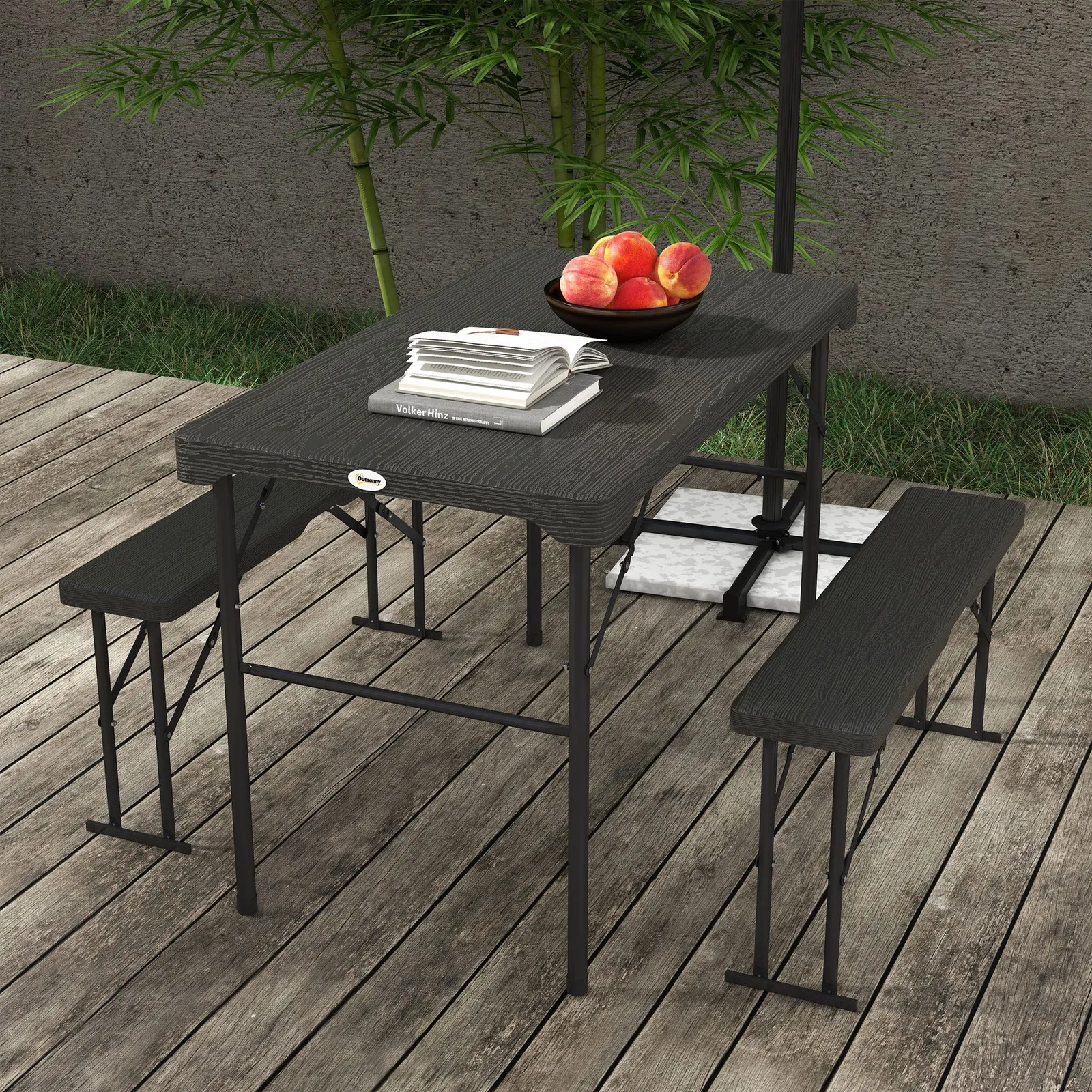 OUTSUNNY HDPE Picnic Table Set w/ Dining Table & 2 Benches for 6, Dark Grey