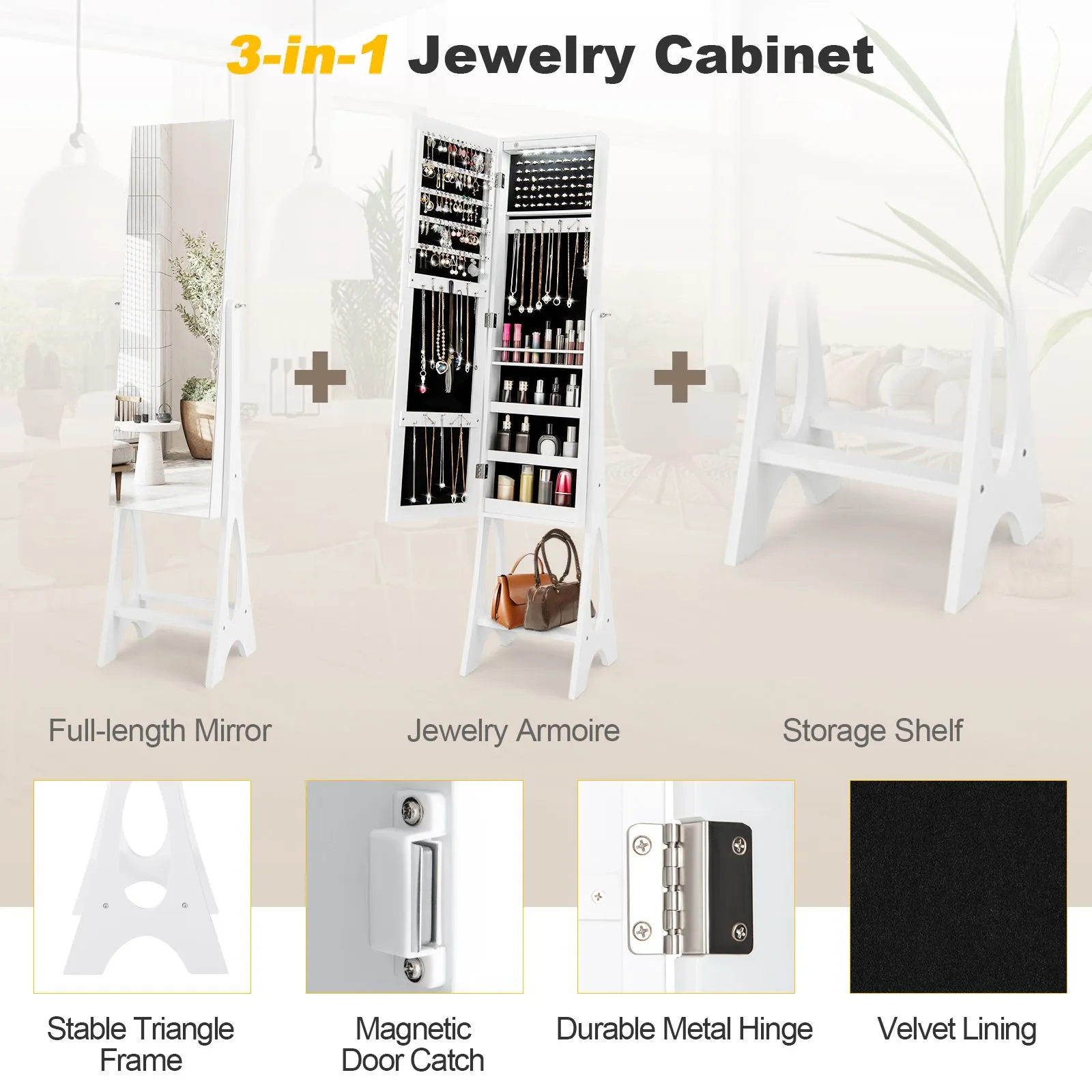 Costway Freestanding Full Length Mirror Jewelry Cabinet w/ Built-in LED in White 3