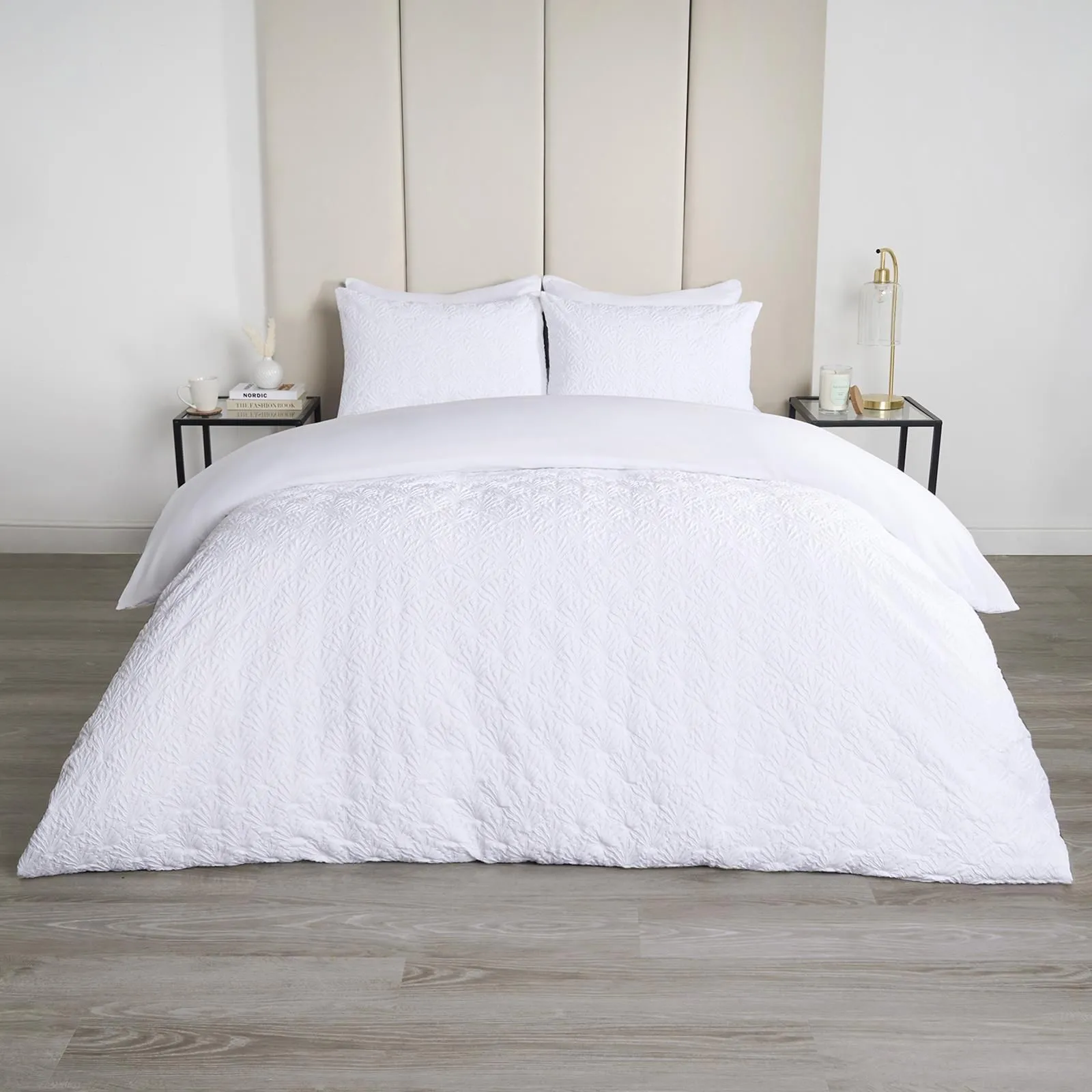 OHS Geometric Embossed Duvet Cover Bedding Set Textured in White