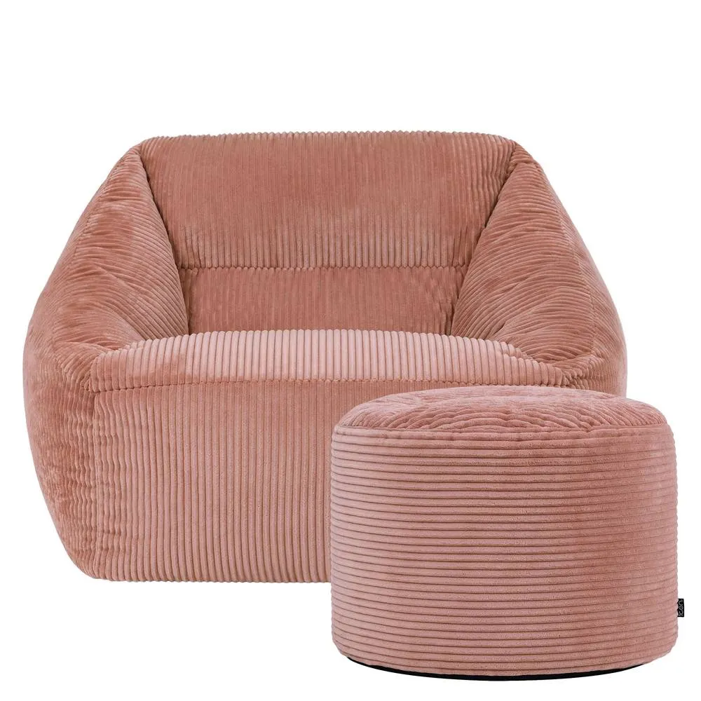 icon Corduroy Bean Bag Armchair & Round Beanbag Footstool in Pink