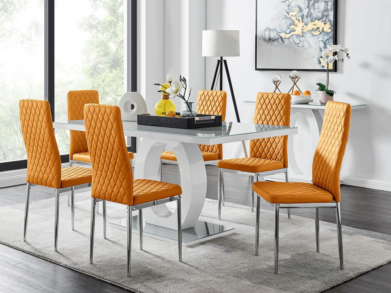 FurnitureboxUK Giovani 6-Seater Grey Glass Dining Table & 6 Milan Faux Leather Dining Chairs in Mustard 1