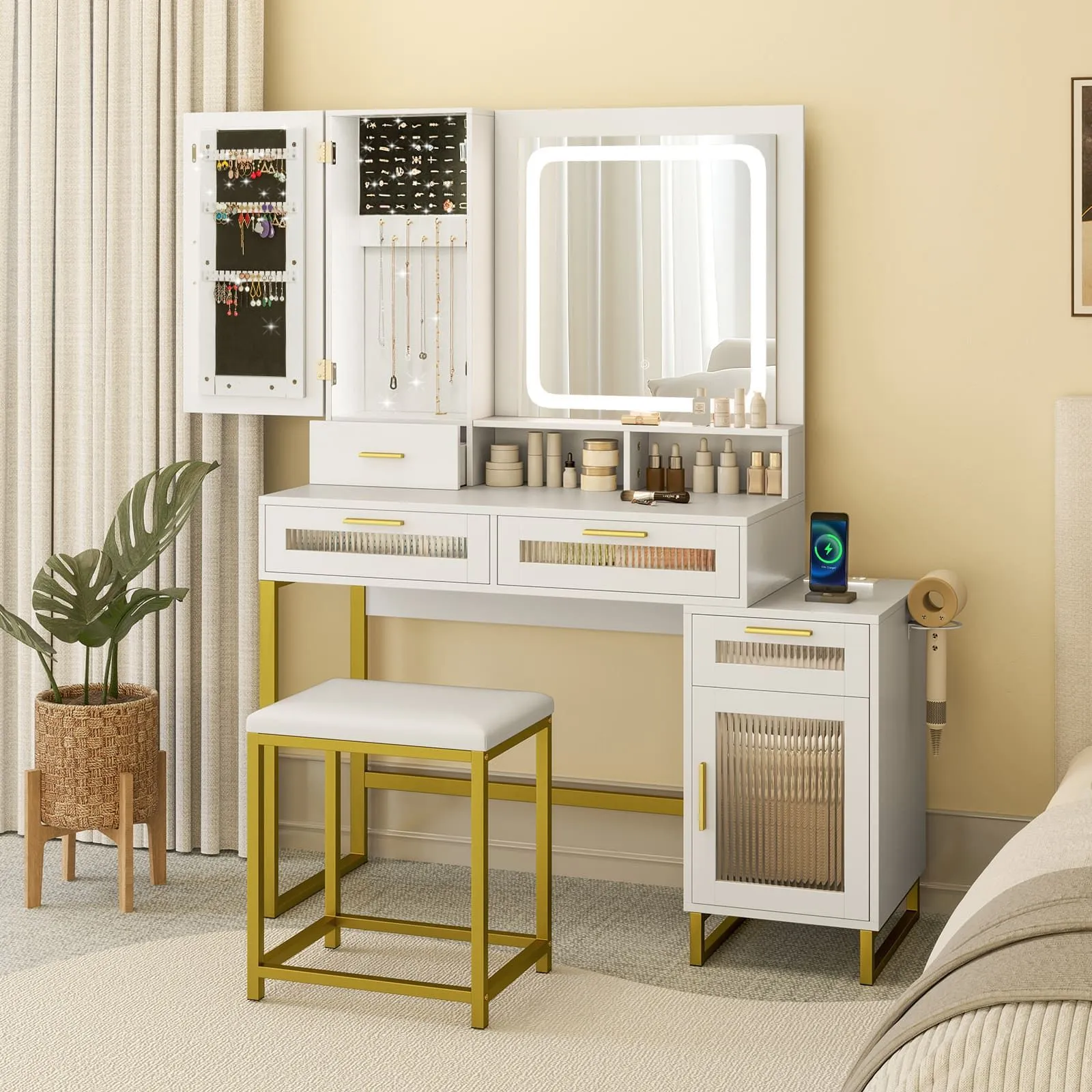 Costway Modern Vanity Set Dressing Table & Chair Set w/ Adjustable Brightness in White 6