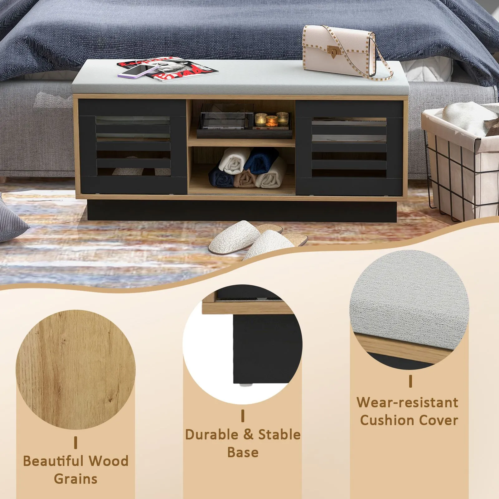 Costway Shoe Rack Storage Bench Organizer W/Cushion Adjustable Shelf Slide Door Natural 6