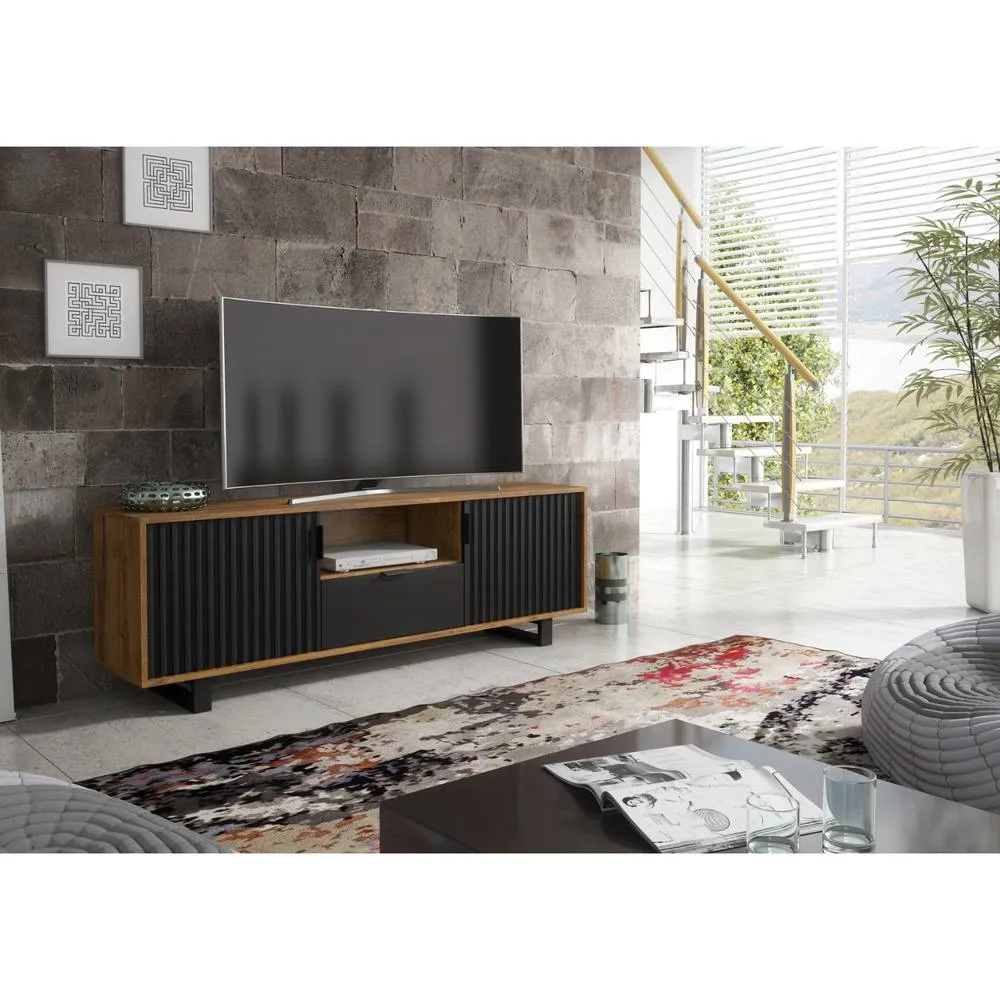 Creative Furniture Blackridge TV Unit 160cm - Dark Oak with Black Fluted Doors & Drawer in Brown 6