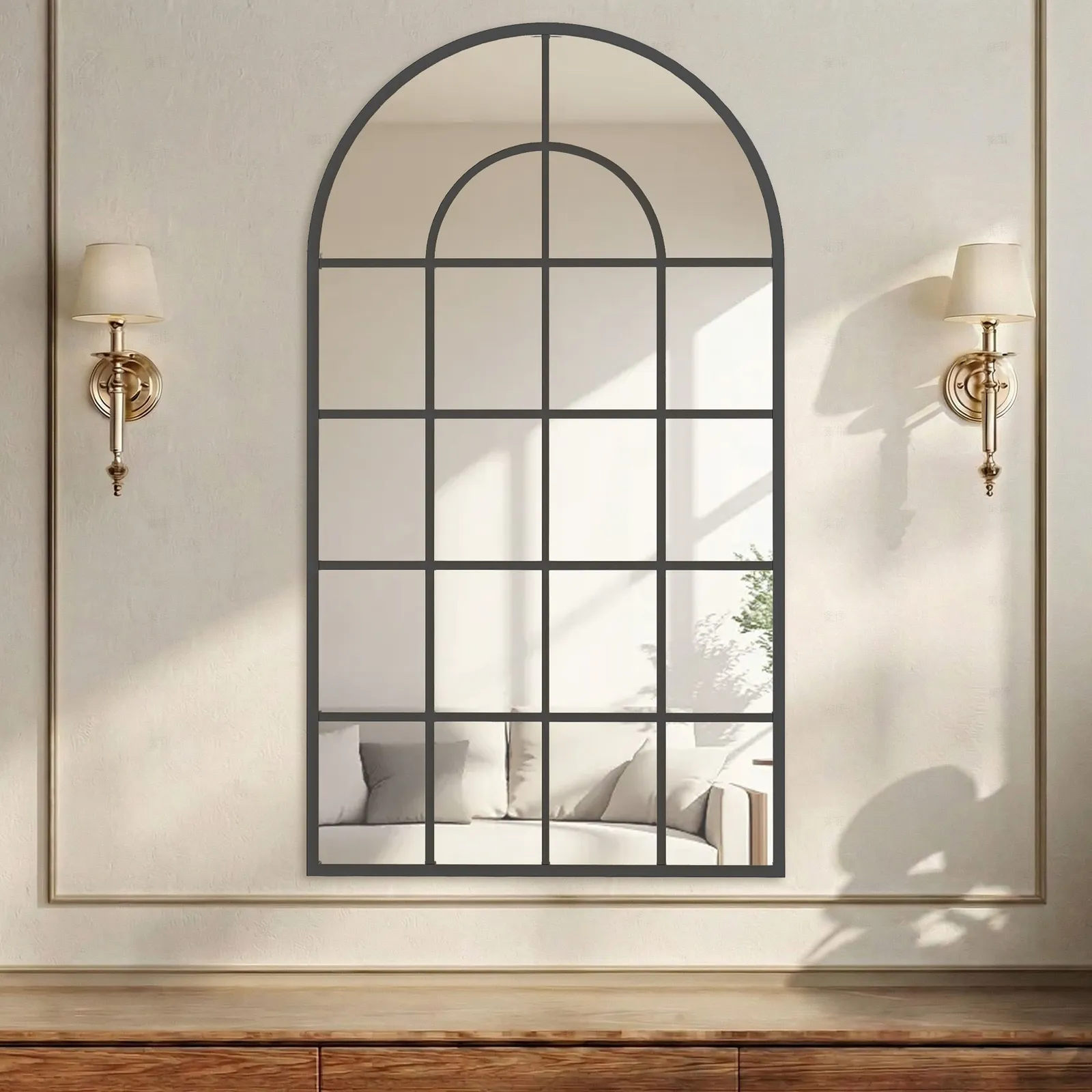 HOMCOM 110 x 62 cm Arch Window Wall Mirror for Living Room Bedroom Hallway in Black 2