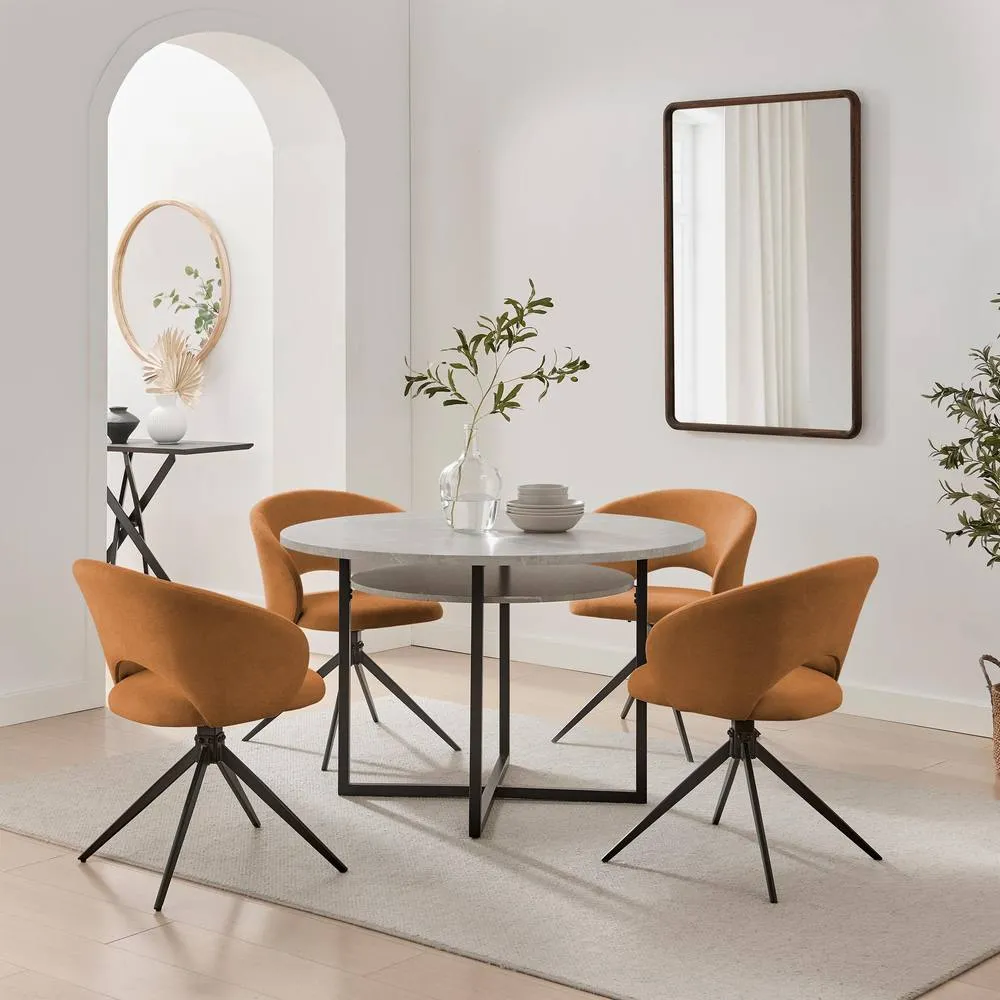 FurnitureboxUK Adley Round Grey Concrete Effect Dining Table 4 Anika Swivel Chairs in Terracotta 1