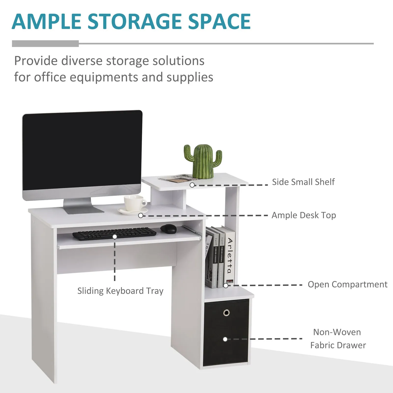 HOMCOM Computer Desk with Sliding Keyboard Tray Storage Drawer Shelf in White 4