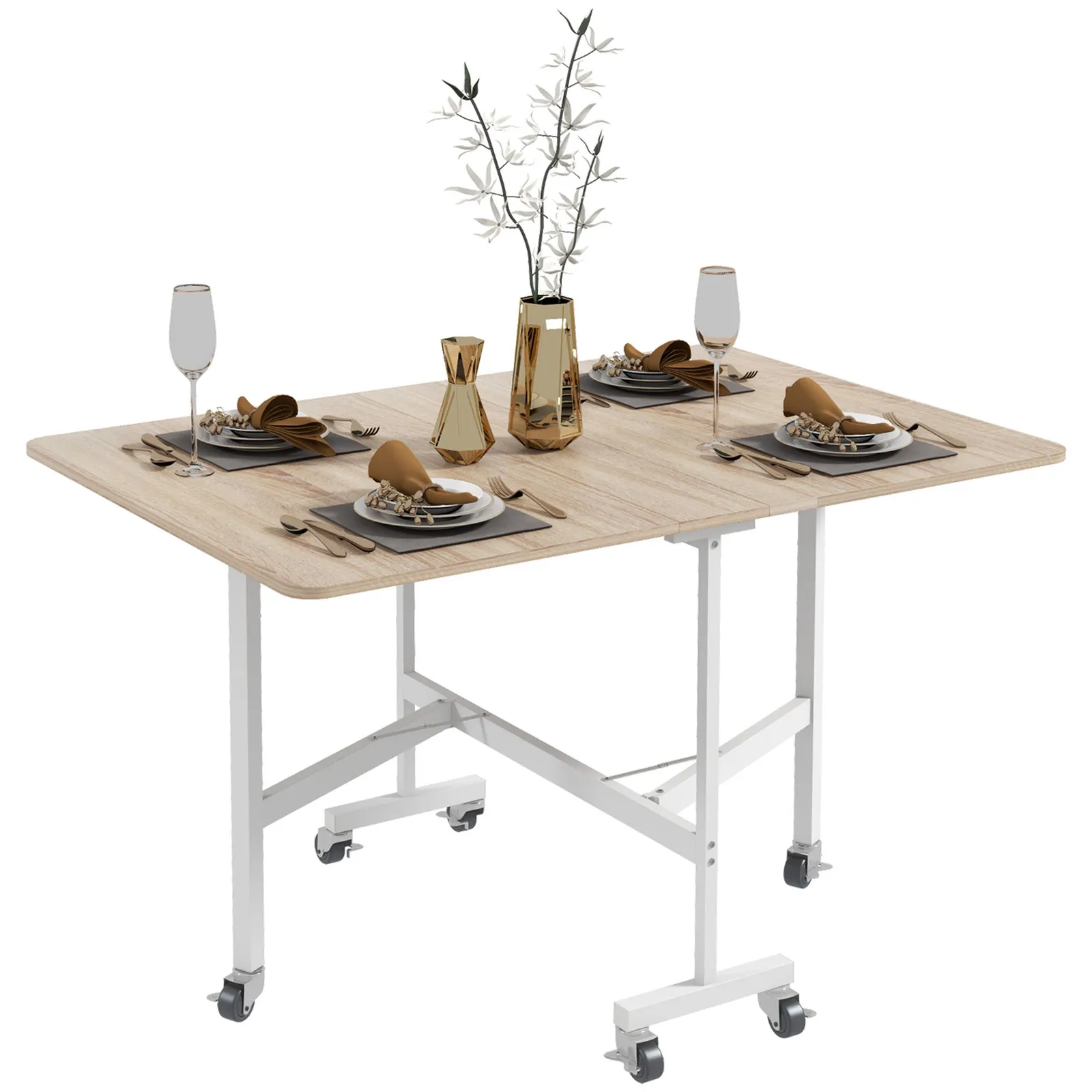 HOMCOM Drop Leaf Table, Folding Dining Table with Metal Frame, Rolling Kitchen Dining Table for Small Spaces, 120cm in Natural