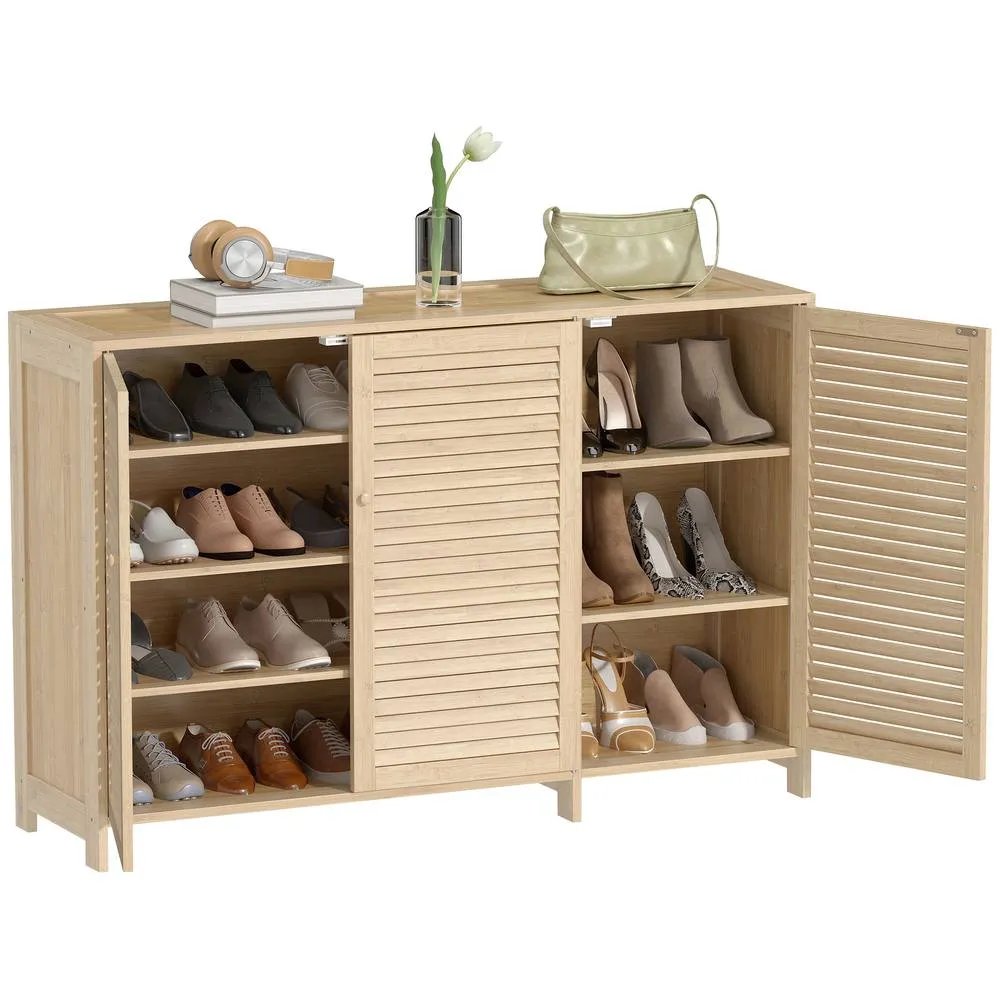 HOMCOM Bamboo Shoe Cabinet with Louvered Doors 18 Pairs Shoe Storage Cabinet in Natural 2