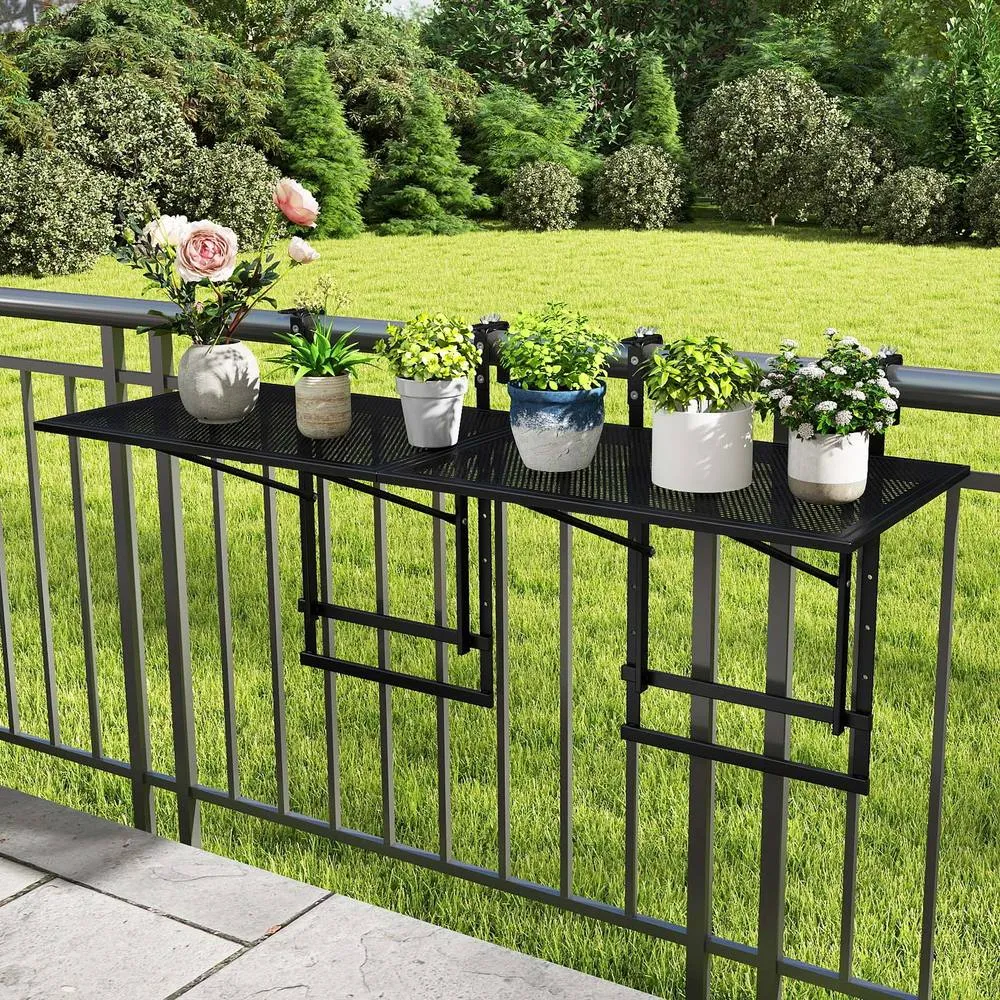 Costway Set of 2 Hanging Balcony Table with 5-Level Adjustable Height in Black 4