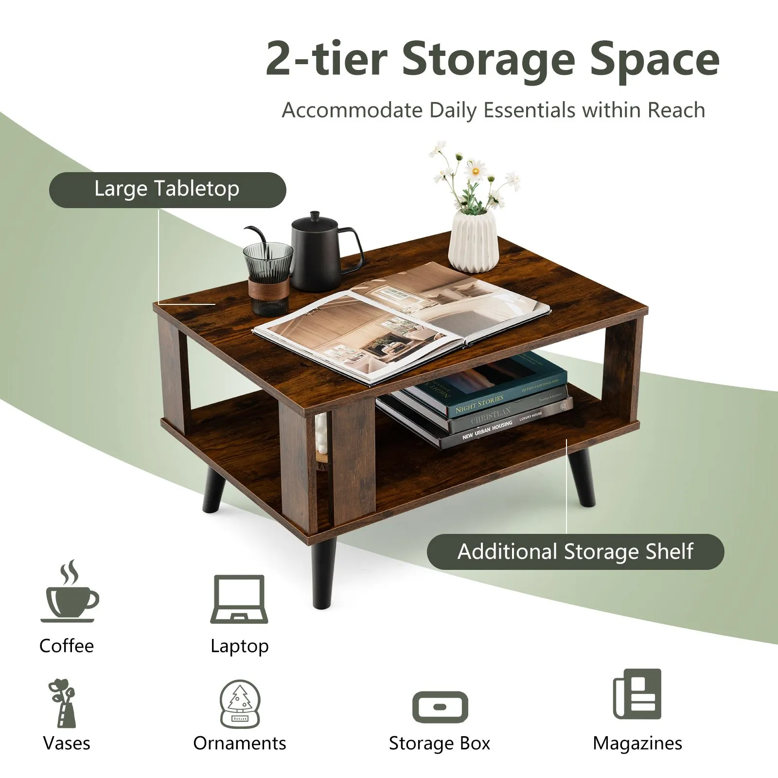 Costway Industrial Coffee Table 2-Tier Wooden Center Table Small Side Table Living Room in Brown 3