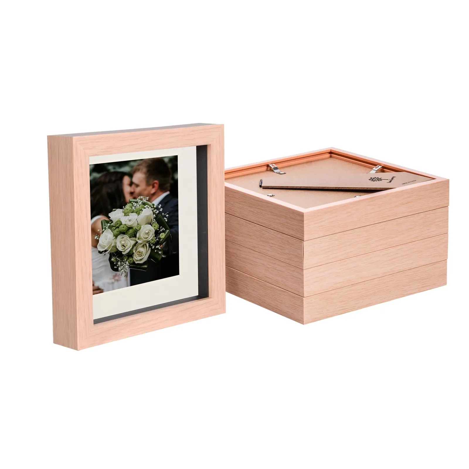 Nicola Spring 6" x 6" 3D Box Photo Frames - 4" x 4" Mount - Light Brown - Pack of 5 in Ivory