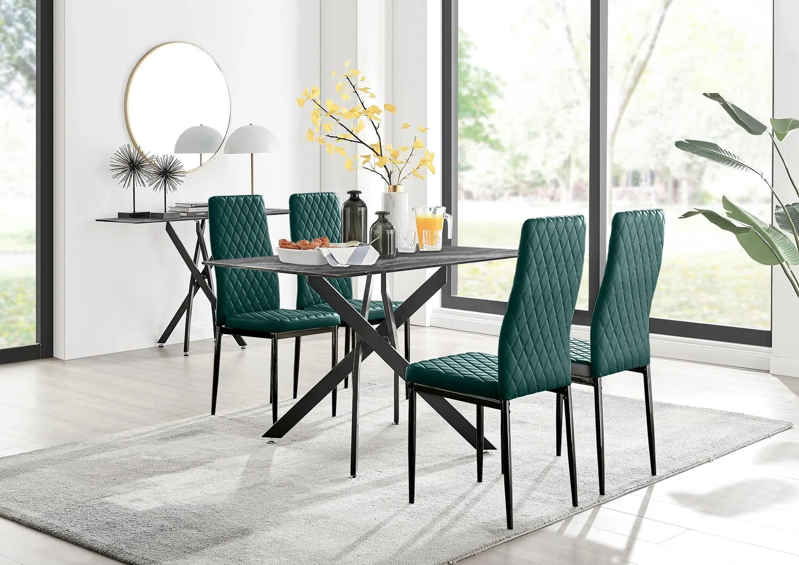 FurnitureboxUK Leonardo Grey Glass Marble Effect Black Leg Table & 4 Velvet Milan Black Leg Chairs in Green 1