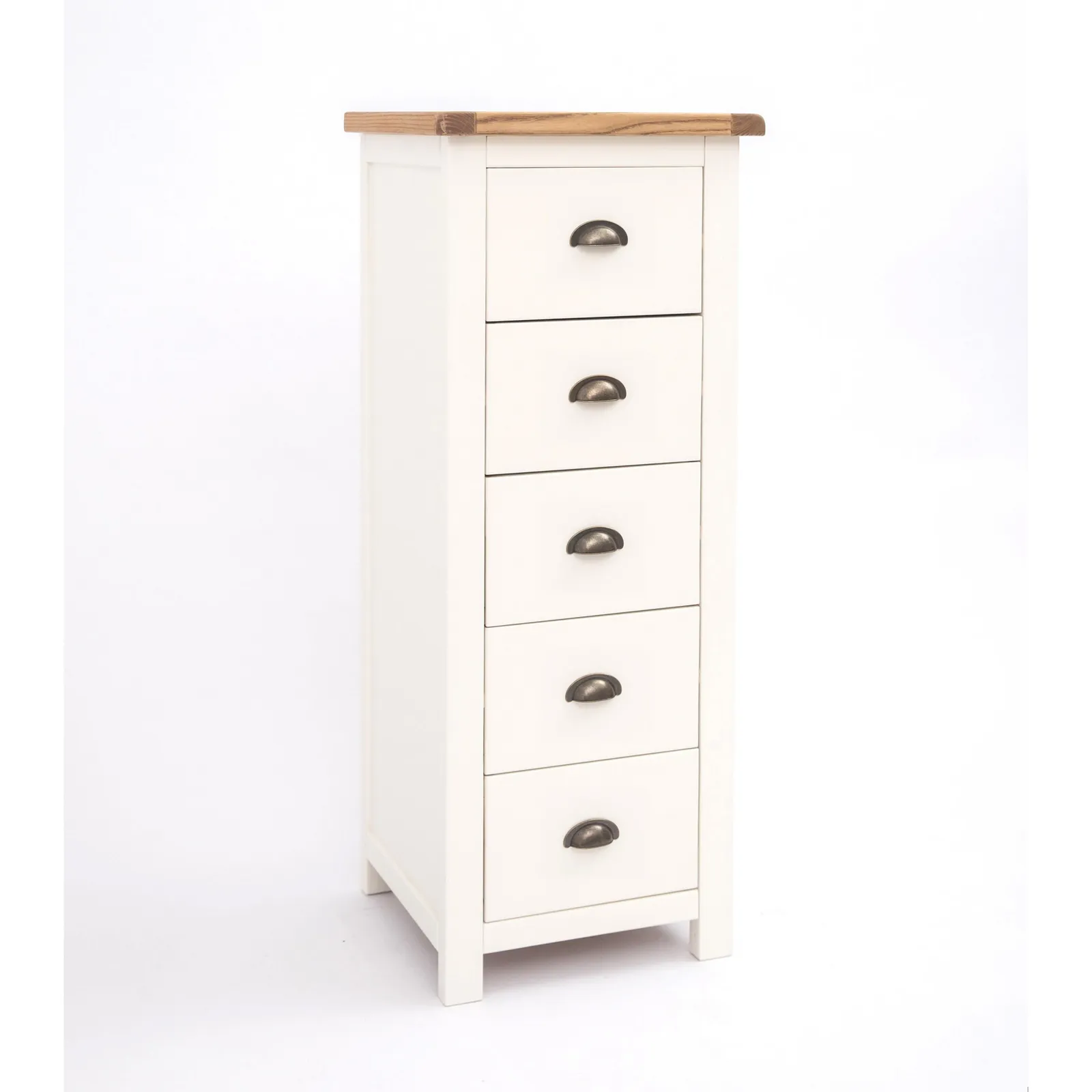 Cabinet Bits Lovere 5 Drawer Narrow Chest of Drawers Brass Cup Handle in Off-White 3