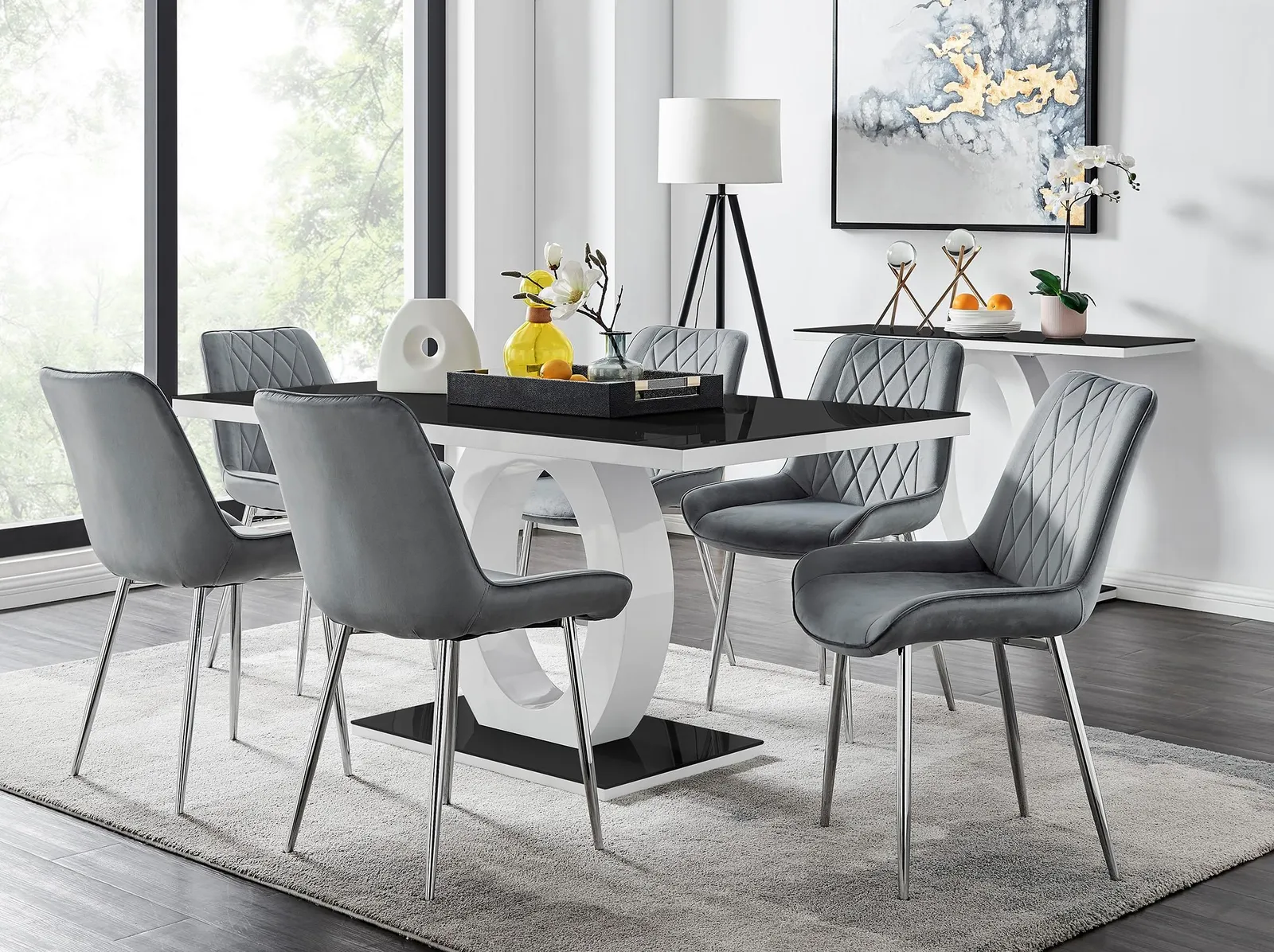 FurnitureboxUK Giovani Rectangular 6 Seat White High Gloss Unique Halo Base Dining Table Black Glass Top 6 Soft Velvet Silver Leg Pesaro Chairs