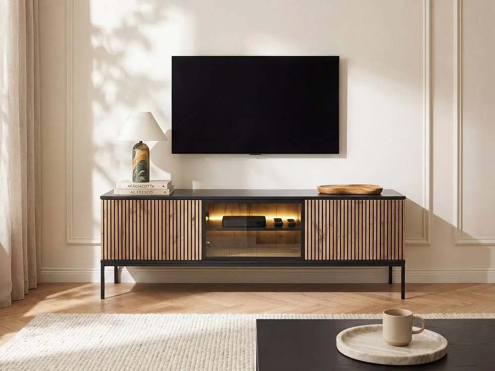 Vente-unique 3 - Door TV Stand With Leds In MDF & Smoked Glass - Black and 3
