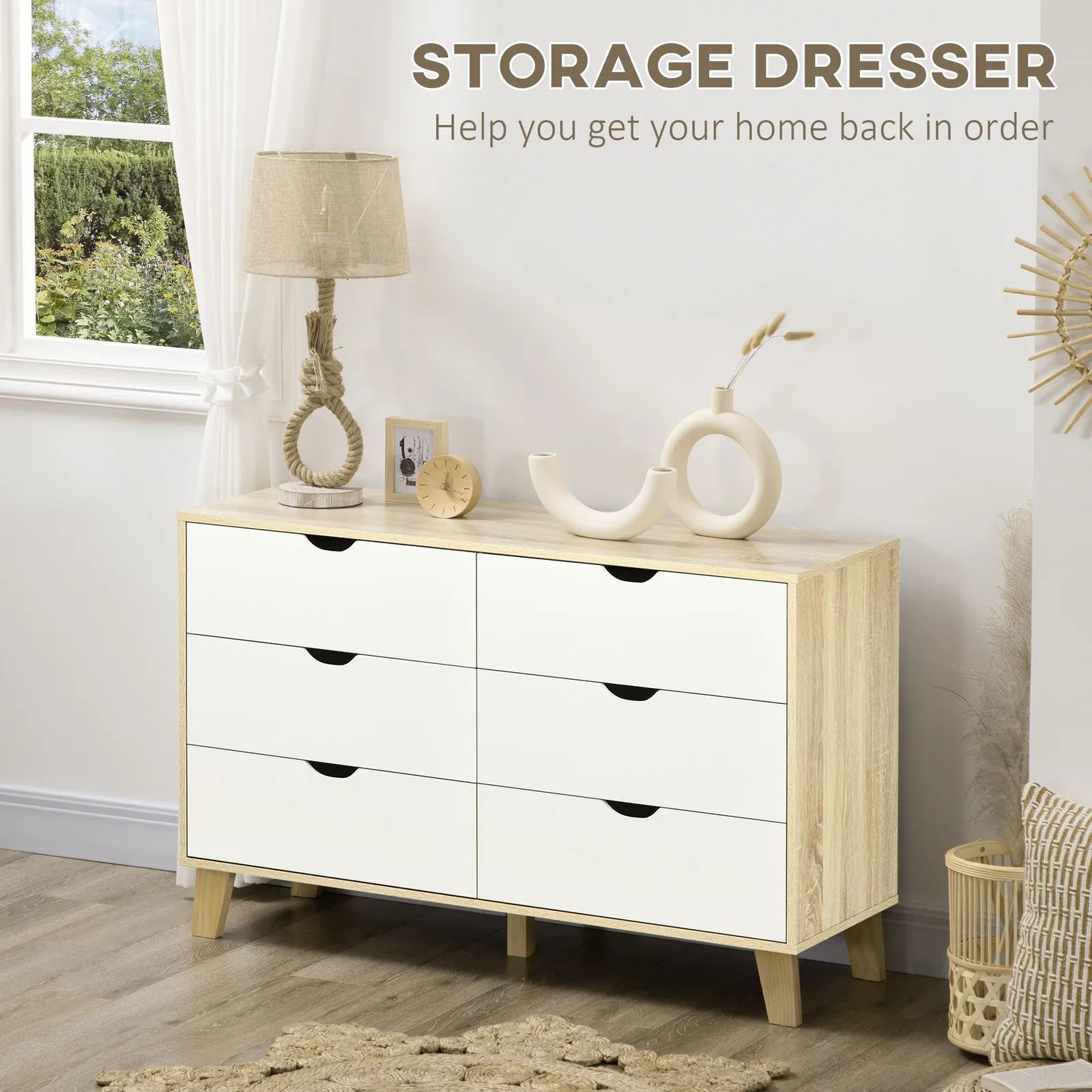HOMCOM Chest of Drawers 6 Drawer Dresser Storage Cabinet White & Brown in Light Brown 4