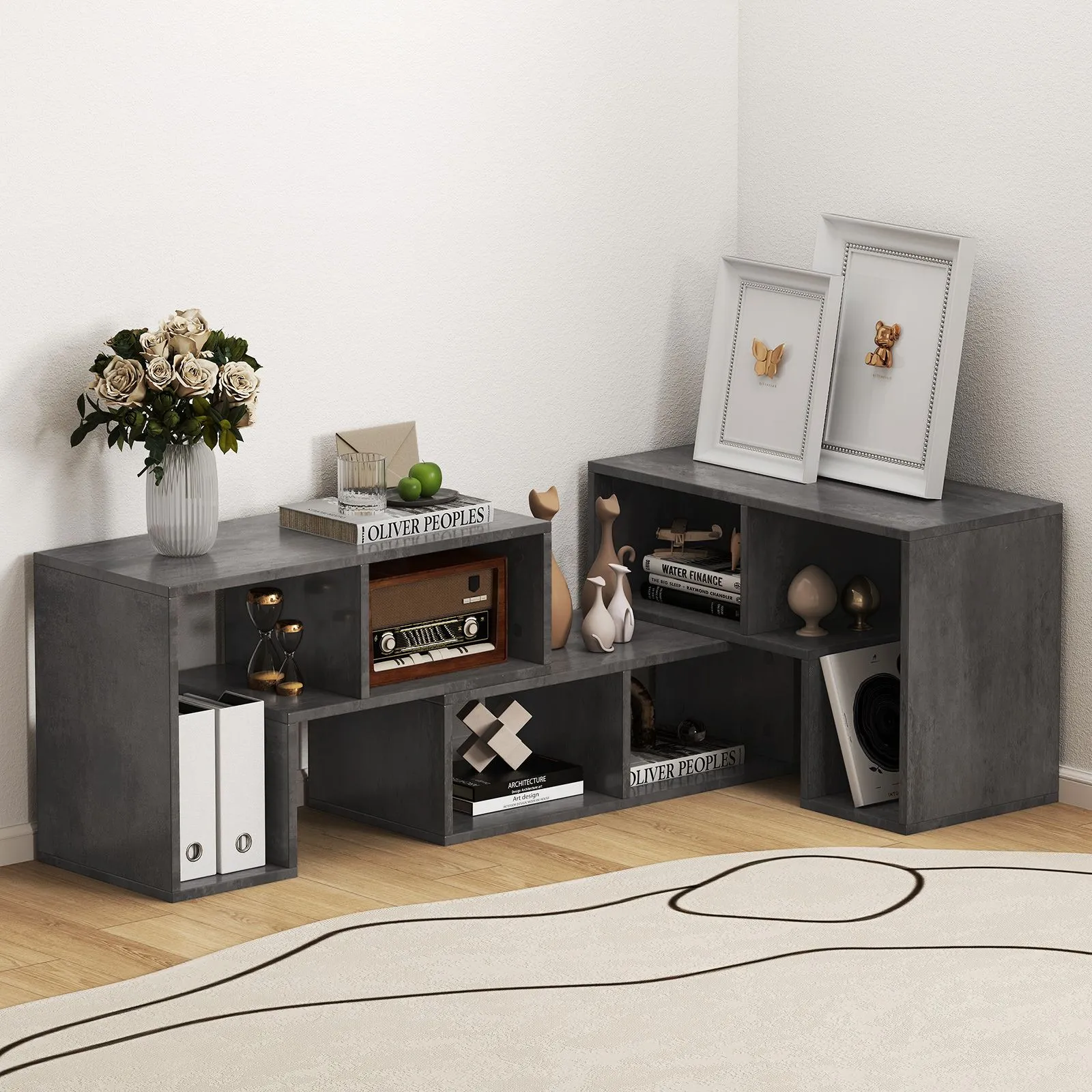 Costway 3 Pieces Adjustable TV Console Stand Modern Entertainment Center in Grey 4