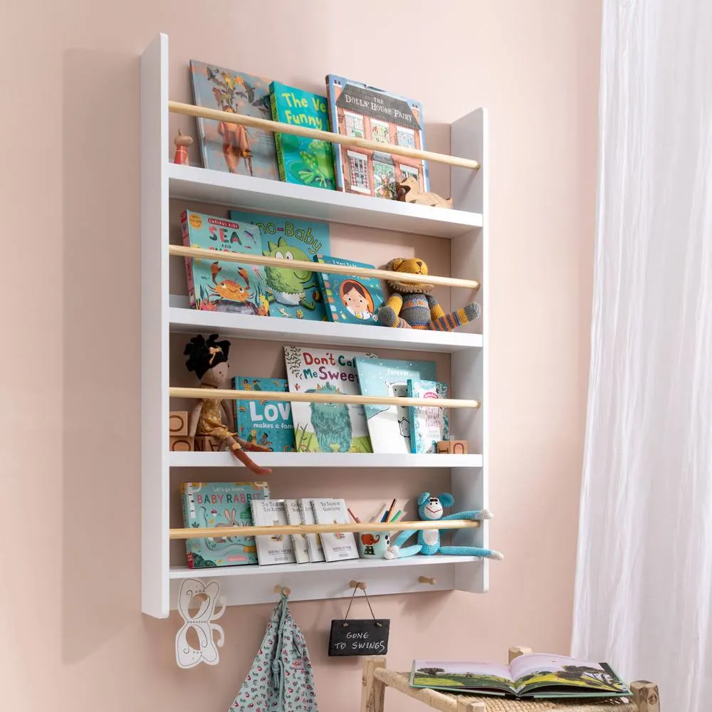 Nöa and Nani Elene Display Wide & Large Shelf Bookcase Wall Mounted & 4 Coathooks in White 2