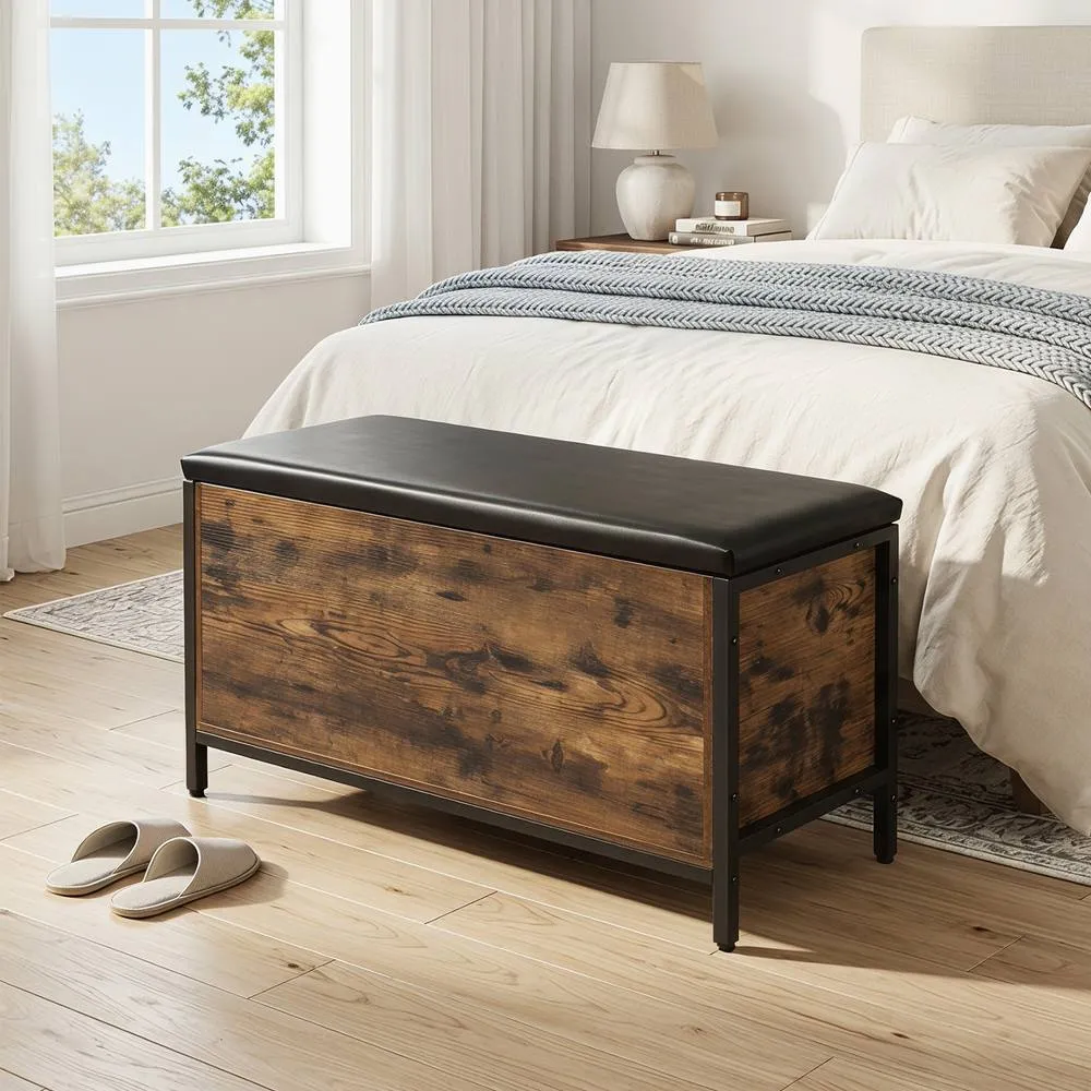 Costway Storage Chest Industrial Shoe Bench with Faux Leather Padded Seat in Brown 4