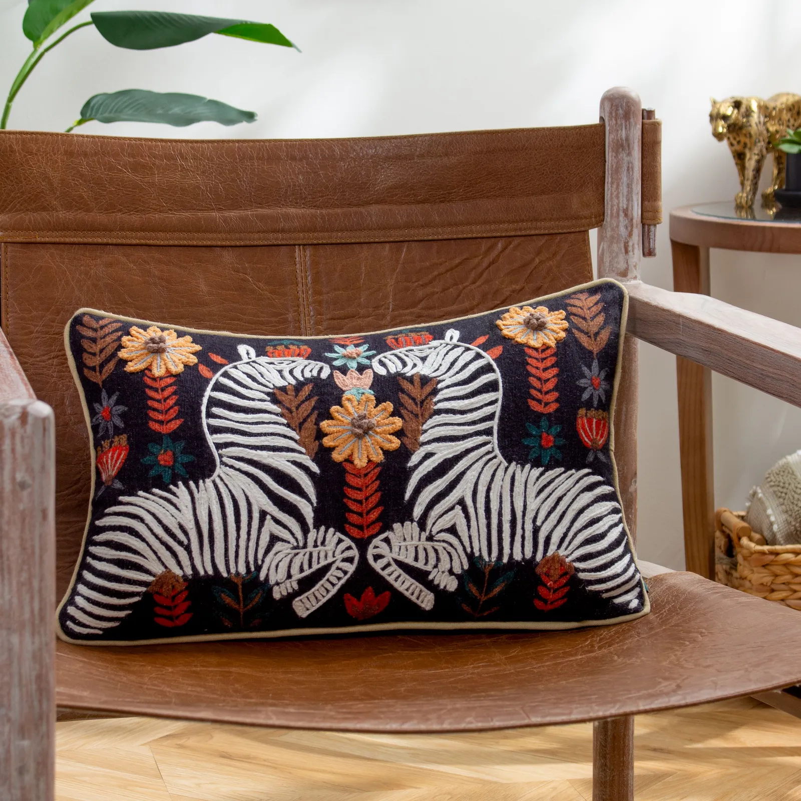 Wylder Tropics Mirrored Zebra Embroidered 100% Cotton Cushion