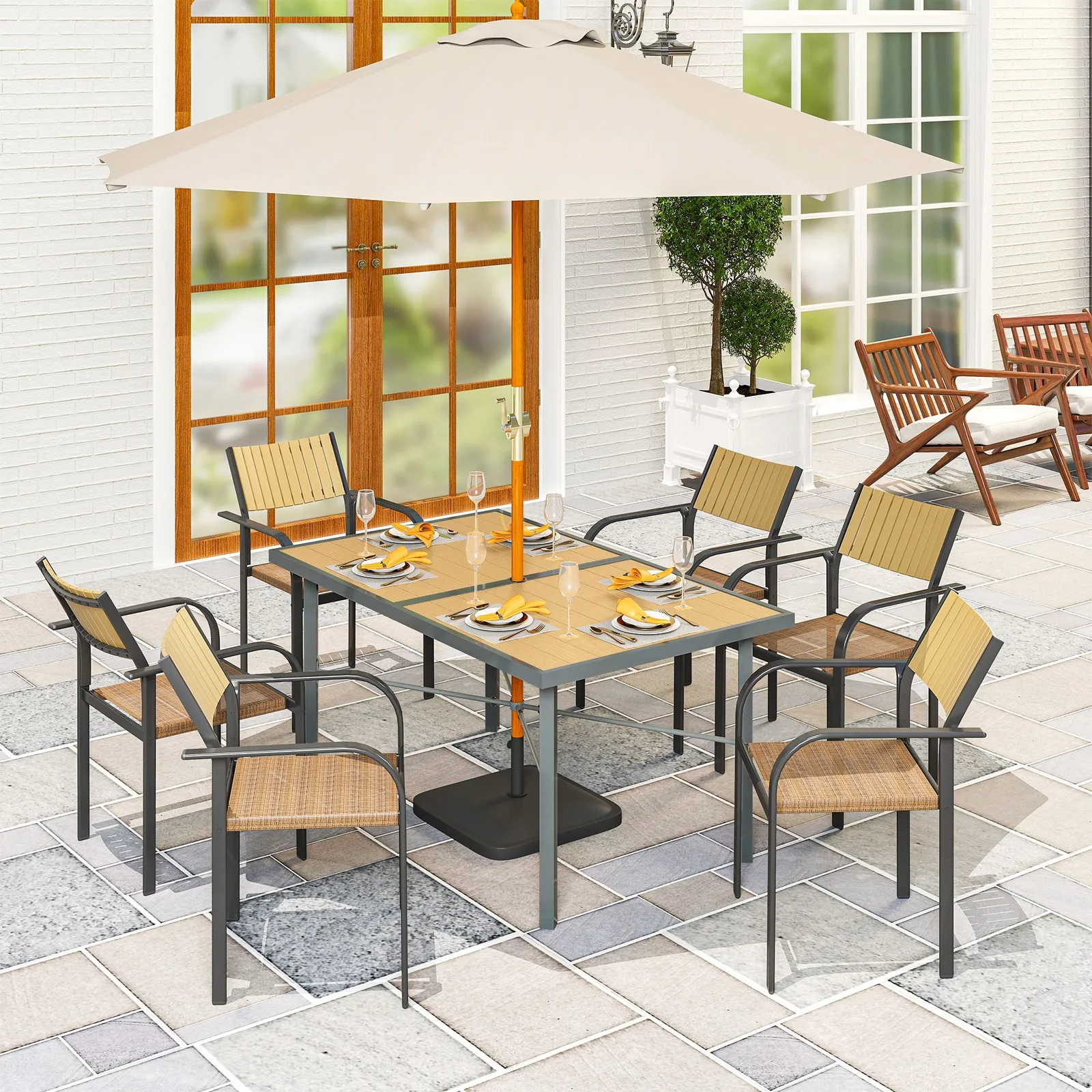 OUTSUNNY Garden Table for 6, Outdoor Dining Table with 5cm Umbrella Hole in Natural