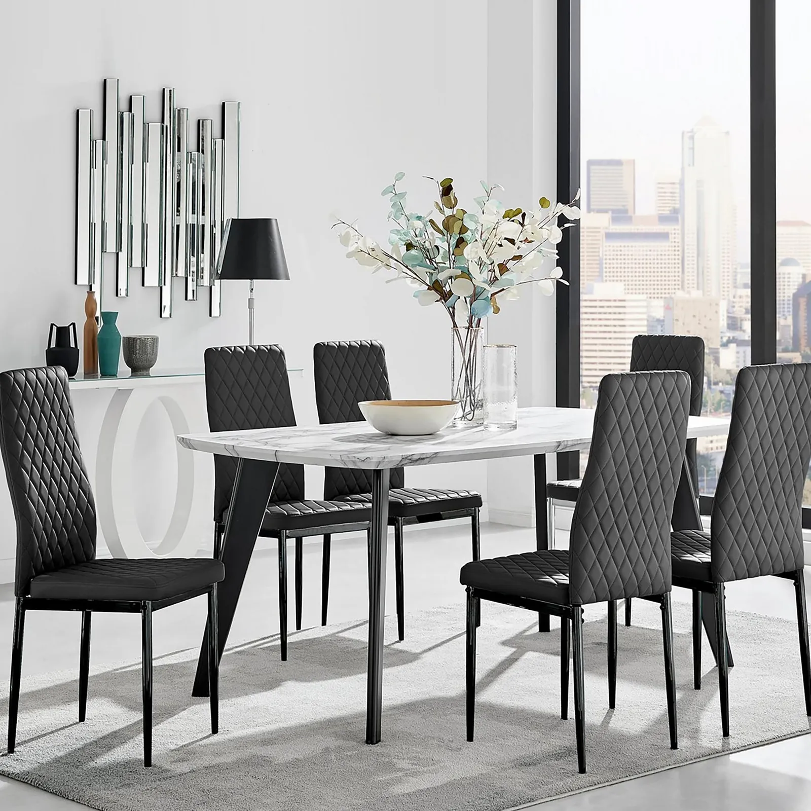 FurnitureboxUK Andria White Marble Effect & Black Leg 6 Seater Dining Table & 6 Milan Faux Leather Chairs 1