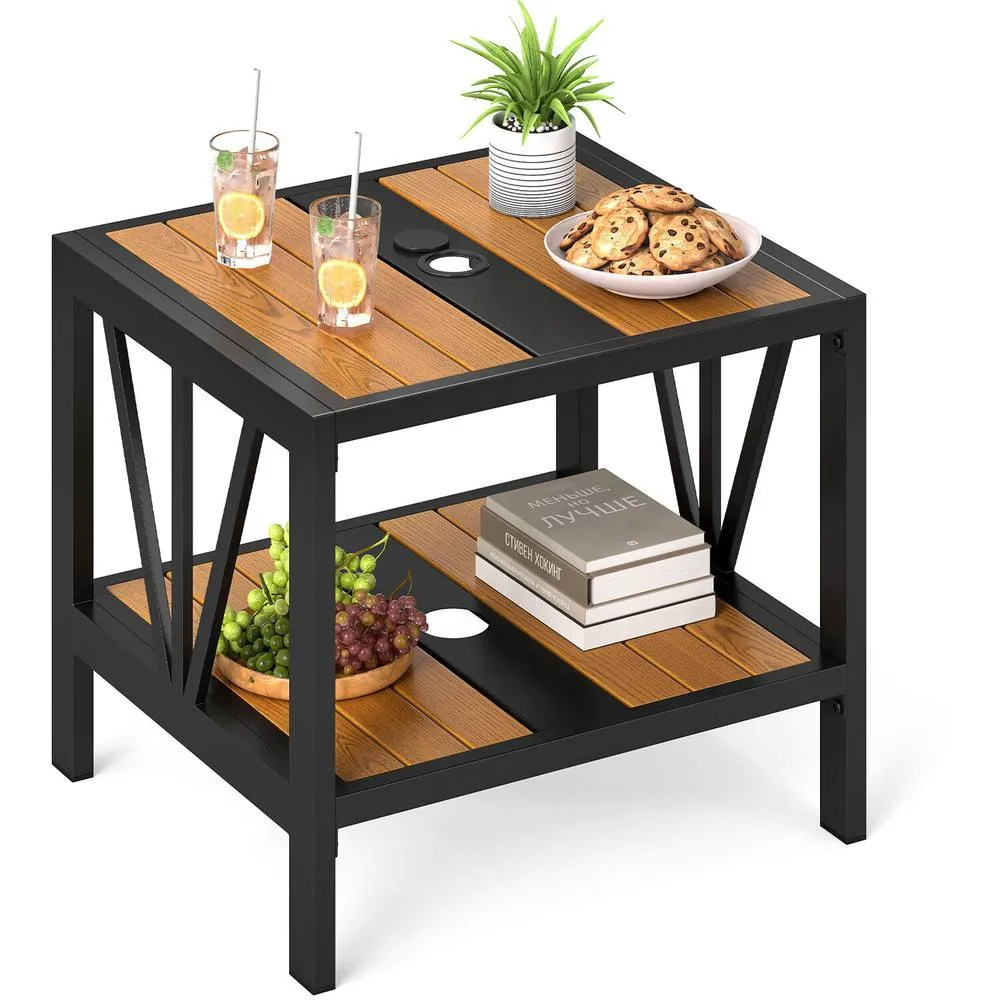 Costway 2-Tier Metal Small Patio Coffee Table Garden Side Table 52 x 46 x 45cm in Brown 2