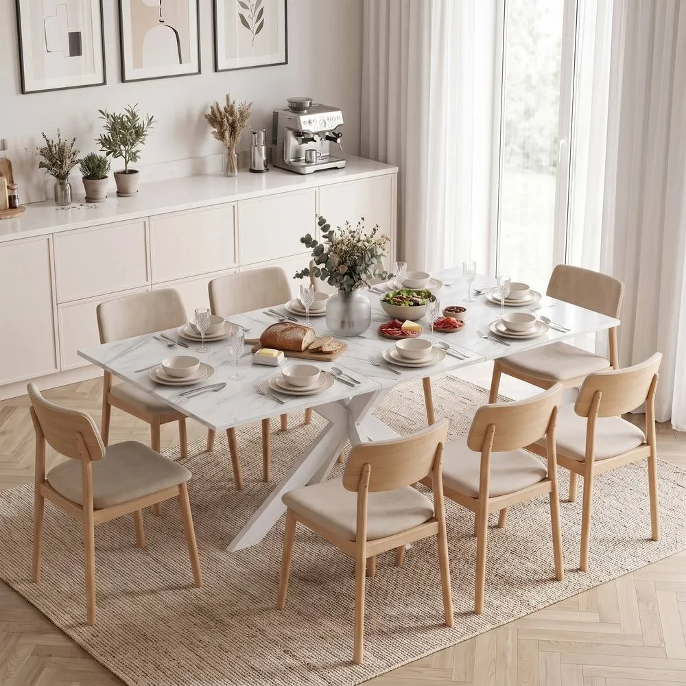 HOMCOM Extendable Dining Table for 4-8 People, Marble Effect in White 2