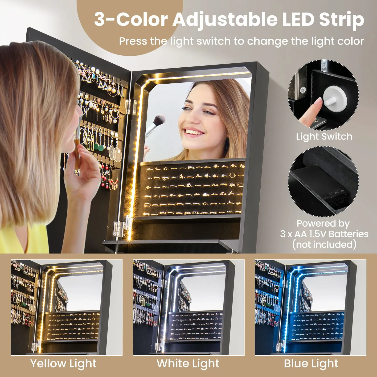 Costway Jewelry Cabinet 3-color LED Lighted Jewelry Organizer Armoire in Black 5